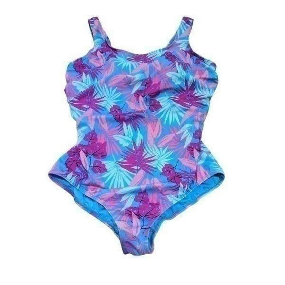 Land's End Women's Teal Pink Floral Stretch Bra Pads One Piece Swim Suit Size 22